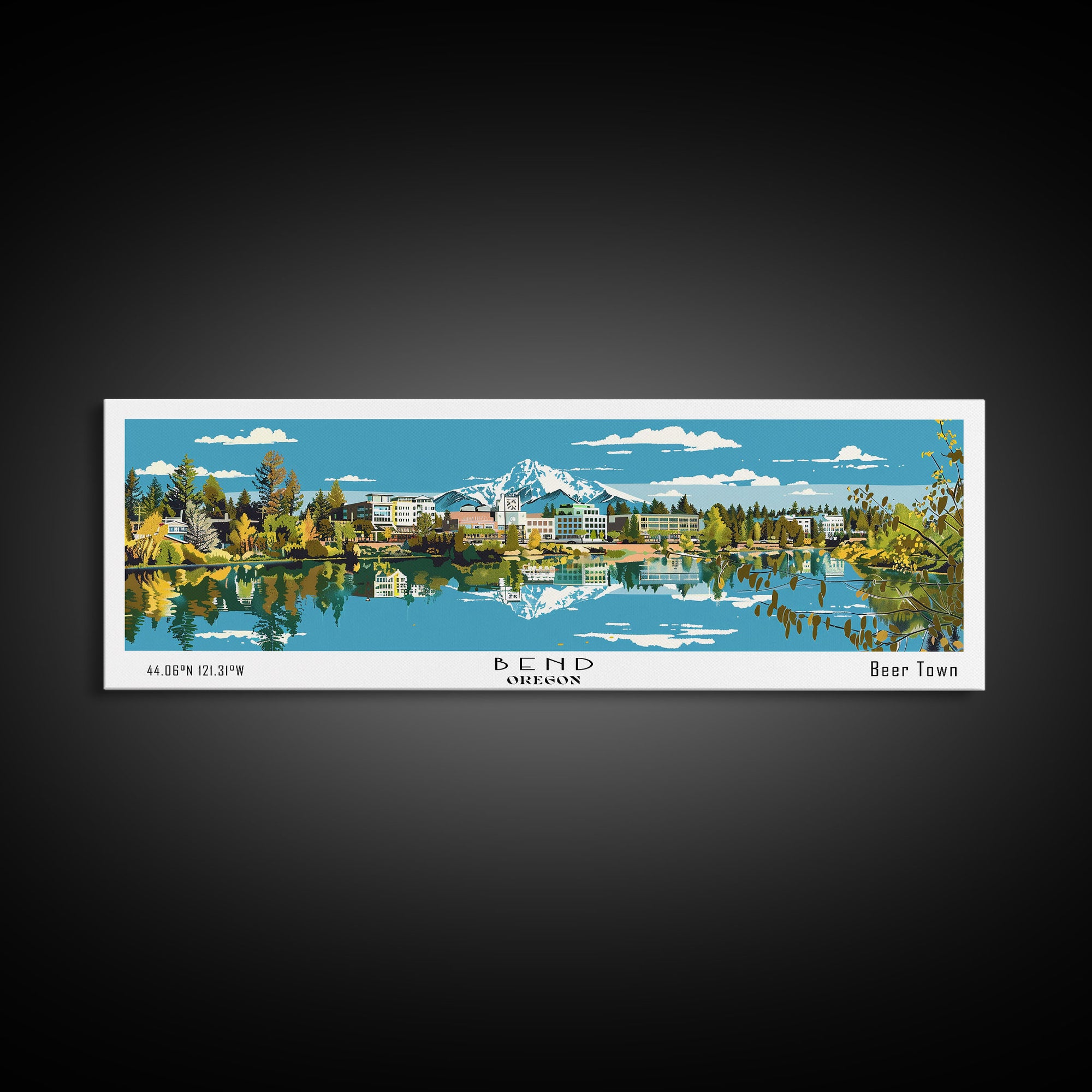 Bend Oregon Panoramic Painting, Mid Century Modern Framed Canvas Print, Retro Pop Art Travel Poster, City Wall Art Decor, Office Art
