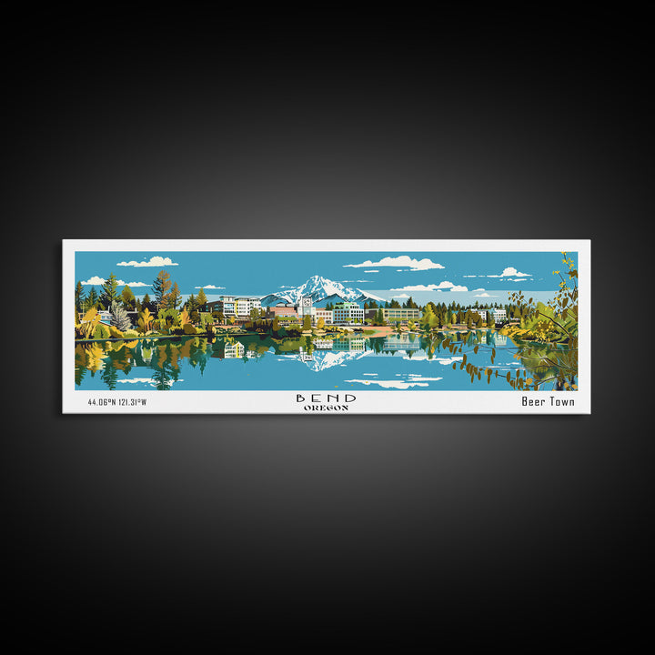 Bend Oregon Panoramic Painting, Mid Century Modern Framed Canvas Print, Retro Pop Art Travel Poster, City Wall Art Decor, Office Art