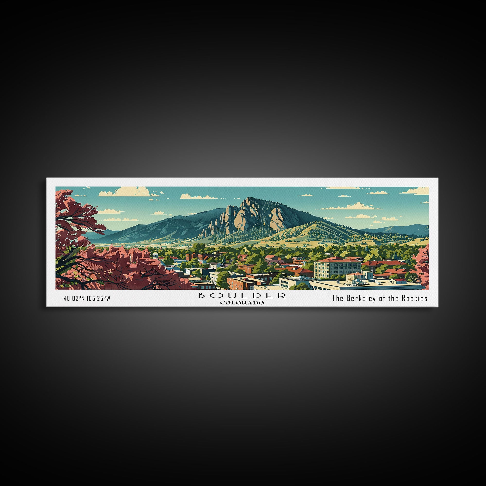 Boulder Colorado Panoramic Painting, Mid Century Modern Framed Canvas Print, Retro Pop Art Travel Poster, Living Room Wall Art Decor, City Print