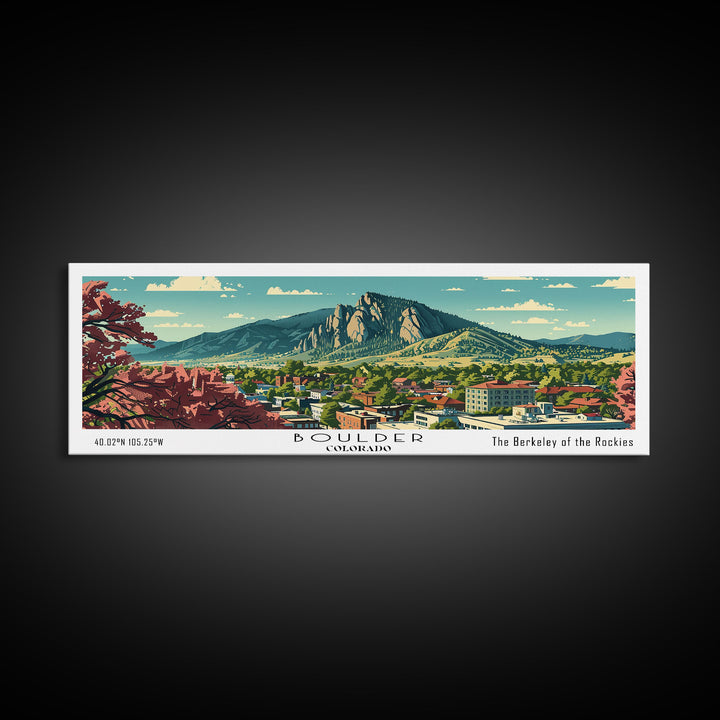 Boulder Colorado Panoramic Painting, Mid Century Modern Framed Canvas Print, Retro Pop Art Travel Poster, Living Room Wall Art Decor, City Print