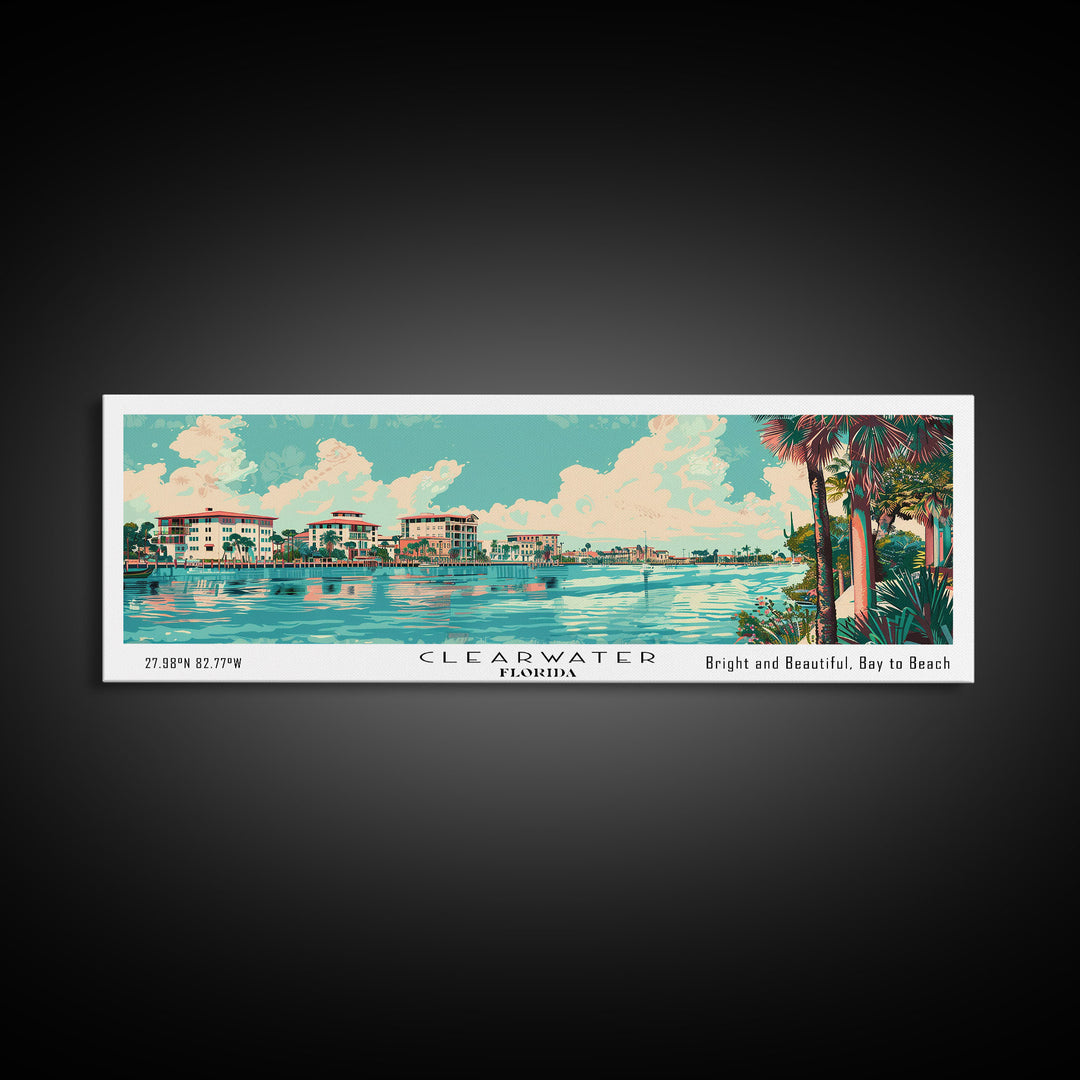 Clearwater Florida Panoramic Painting, Mid Century Modern Framed Canvas Print, Retro Pop Art Travel Poster, Home Decor, City Art