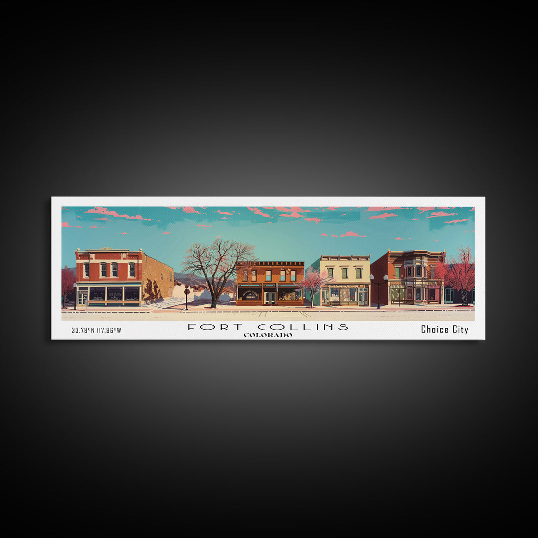 Fort Collins Colorado Panoramic Painting, Mid Century Modern Framed Canvas Print, Retro Pop Art Travel Poster, Office Wall Decor