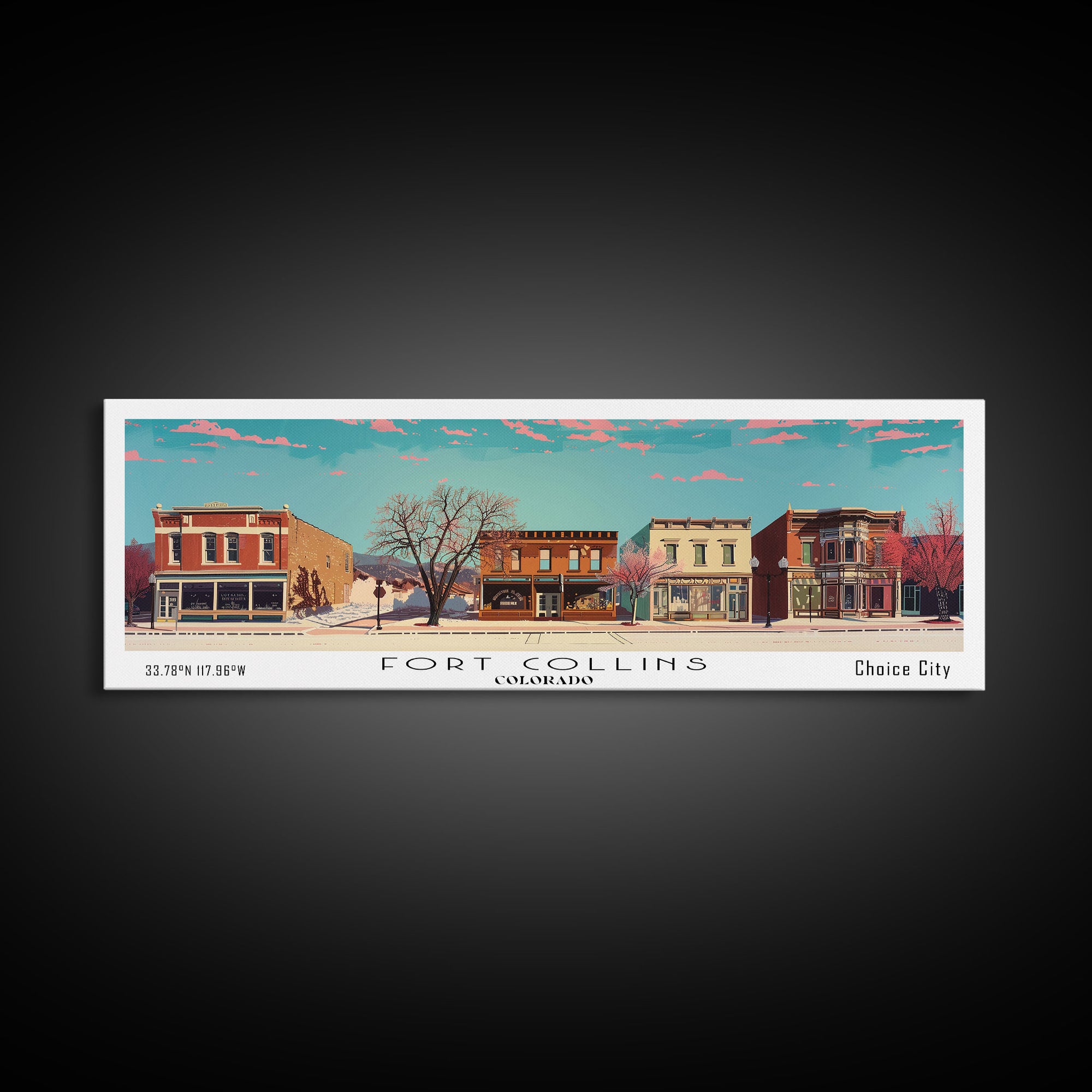 Fort Collins Colorado Panoramic Painting, Mid Century Modern Framed Canvas Print, Retro Pop Art Travel Poster, Office Wall Decor