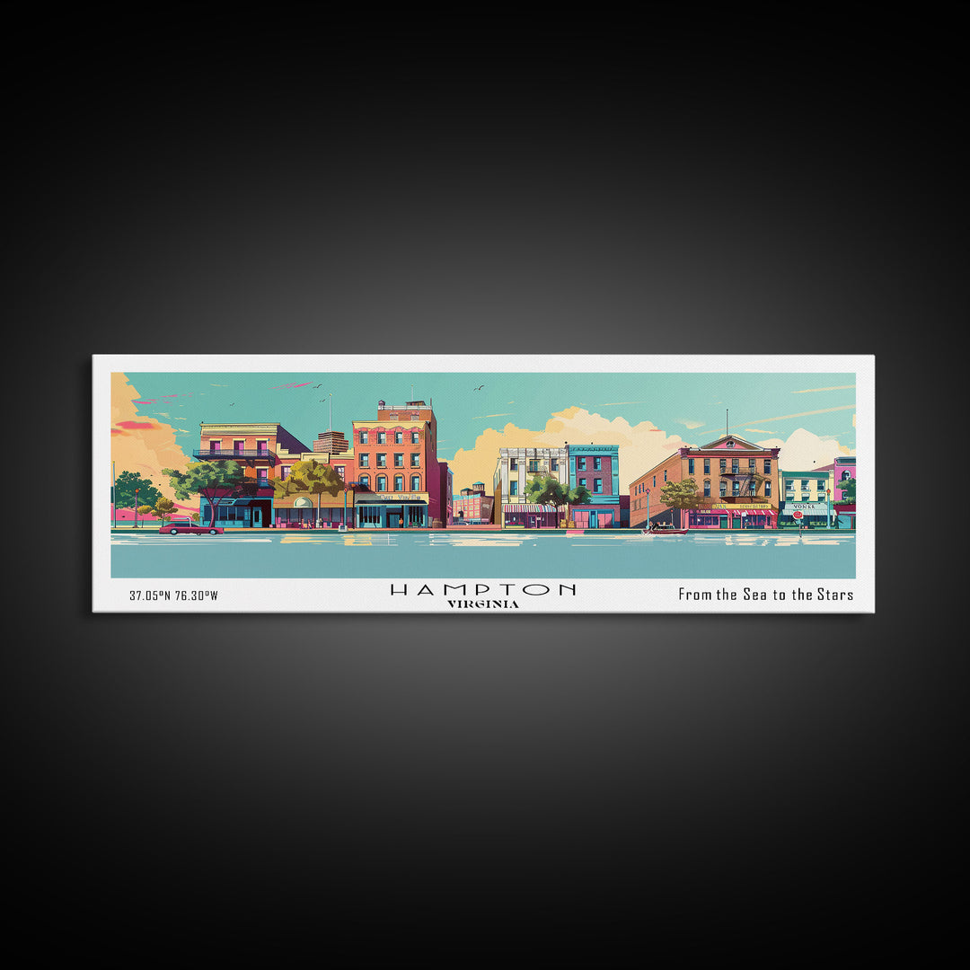 Hampton Virginia Panoramic Painting, Mid Century Modern Framed Canvas Print, Retro Pop Art Travel Poster, Office Wall Decor