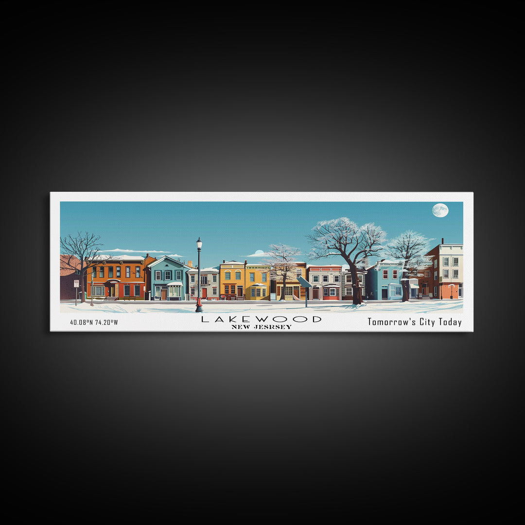 Lakewood New Jersey Panoramic Wall Art, Mid Century Modern Framed Canvas Print, Retro Pop Art Travel Poster, Living Room Art