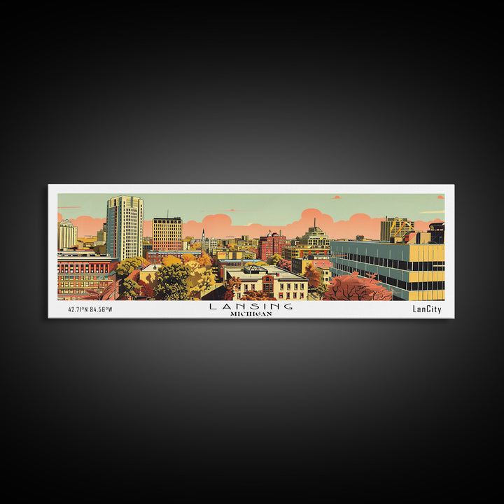 Lansing Michigan Panoramic Wall Art, Mid Century Modern Framed Canvas Print, Retro Pop Art Travel Poster, Living Room Decor