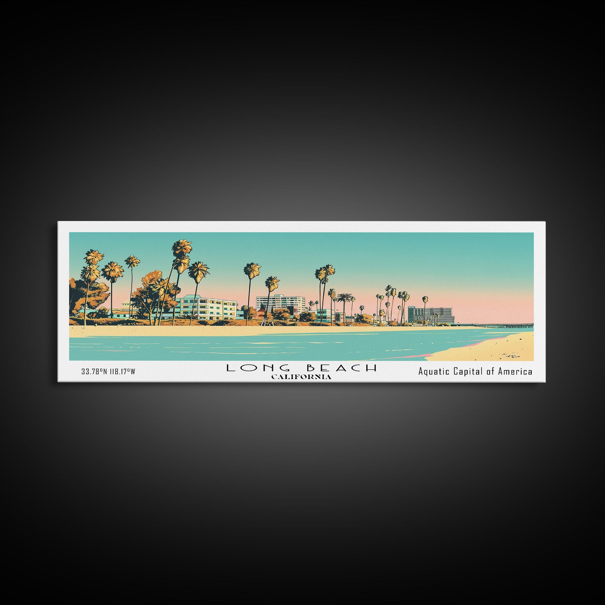 Long Beach California Panoramic Painting, Mid Century Modern Framed Canvas Print, Retro Pop Art Travel Poster, Office Decor