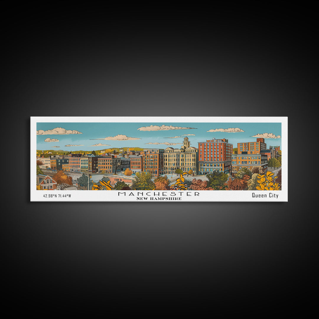 Manchester New Hampshire Panoramic Painting, Mid Century Modern Framed Canvas Print, Retro Pop Art Travel Poster, Living Room Decor