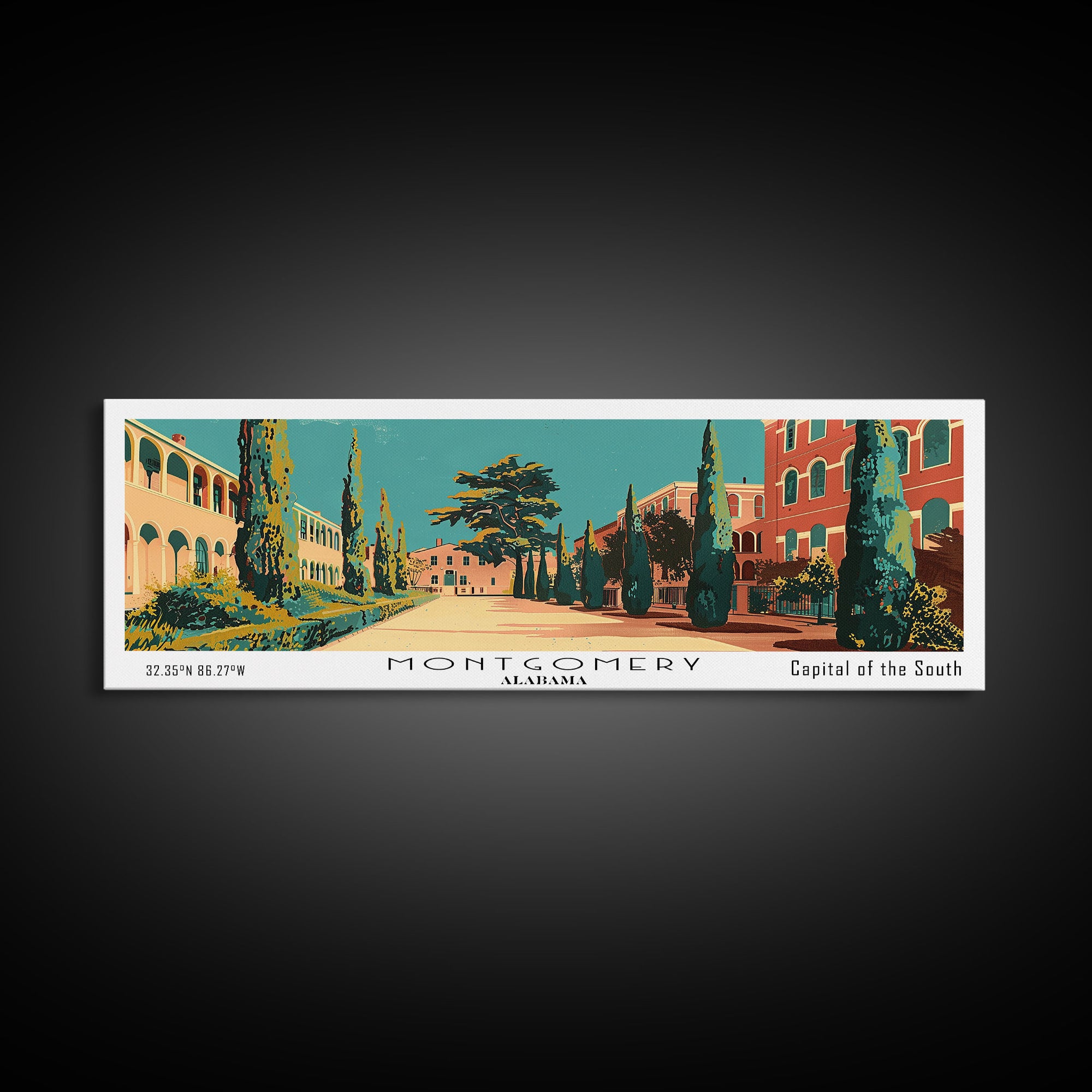 Montgomery Alabama Panoramic Wall Art, Mid Century Modern Framed Canvas Print, Retro Pop Art Travel Poster, Home Wall Art