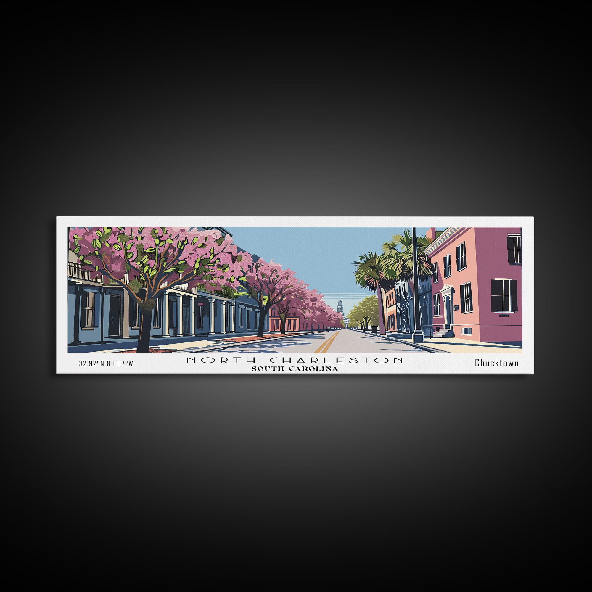 North Charleston South Carolina Panoramic Wall Art, Mid Century Modern Framed Canvas Print, Retro Pop Art Travel Poster, City Art, Office Wall Decor, Living Room Art
