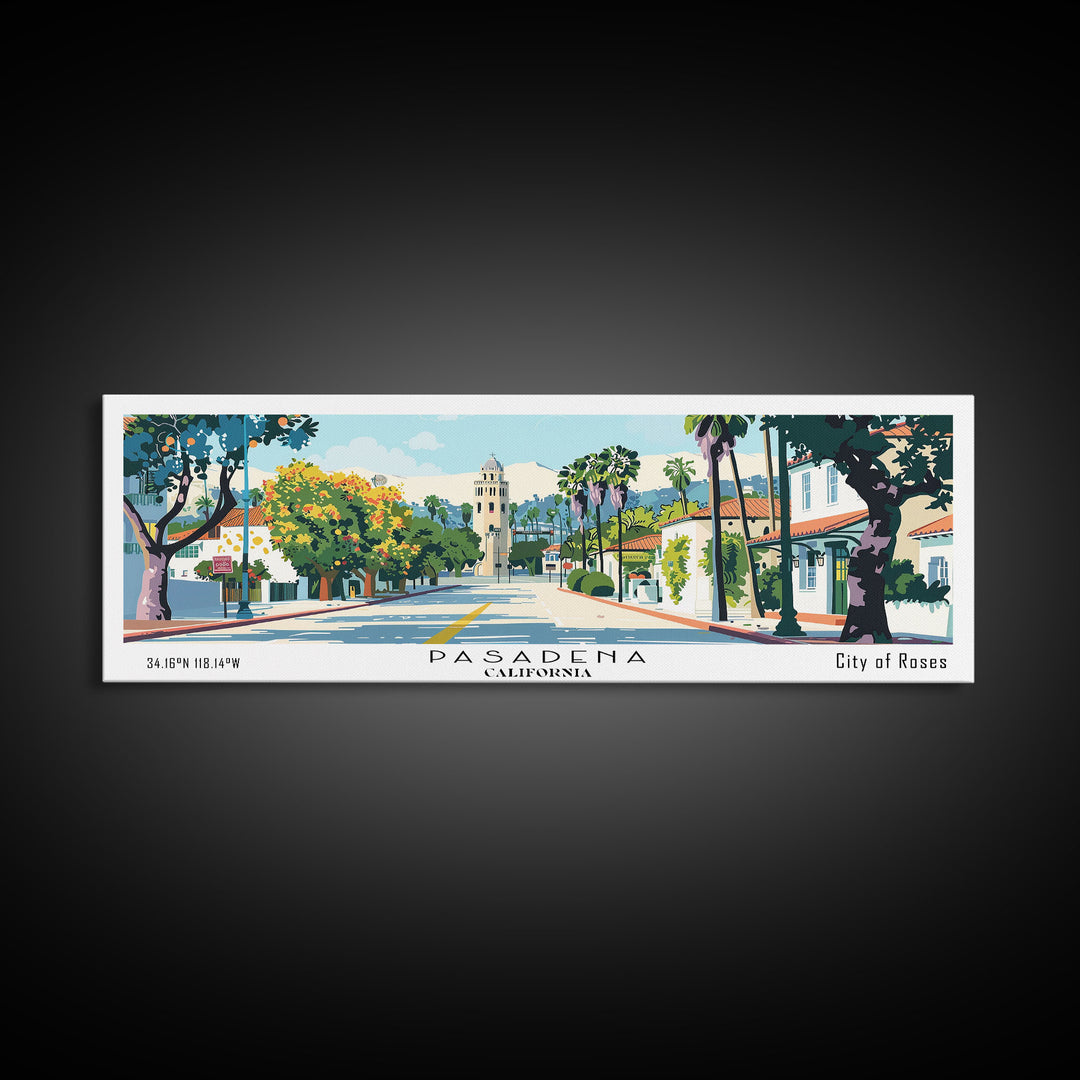 Pasadena California Panoramic Painting, Mid Century Modern Framed Canvas Print, Retro Pop Art Travel Poster, City Art, Office Wall Decor, Living Room Art