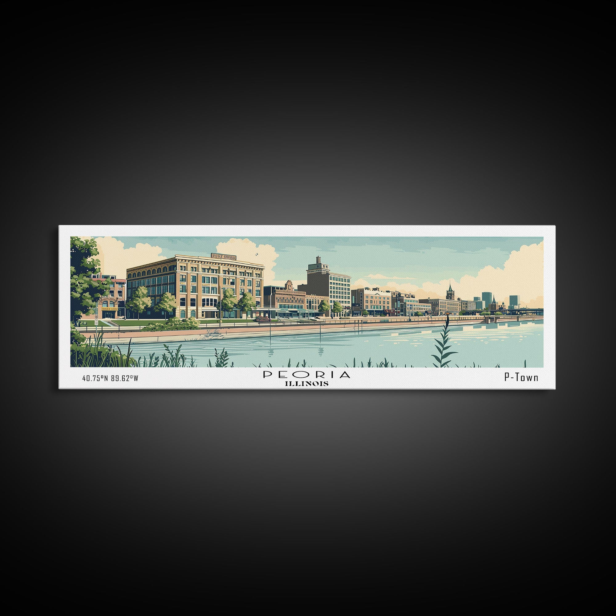 Peoria Illinois Panoramic Painting, Mid Century Modern Framed Canvas Print, Retro Pop Art Travel Poster, City Art, Office Wall Decor, Living Room Art