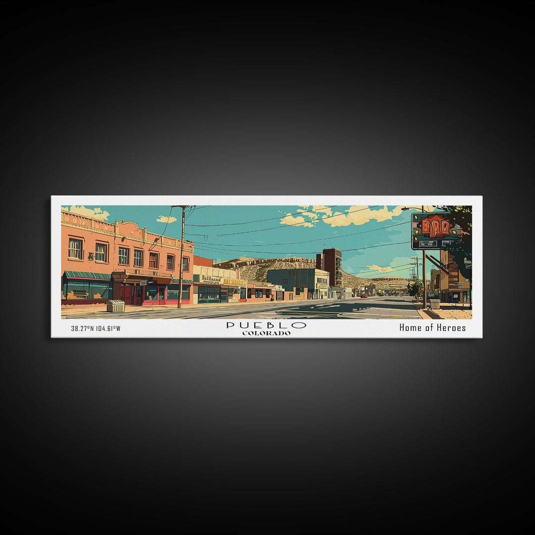 Pueblo Colorado Panoramic Wall Art, Mid Century Modern Framed Canvas Print, Retro Pop Art Travel Poster, City Art, Office Wall Decor, Living Room Art
