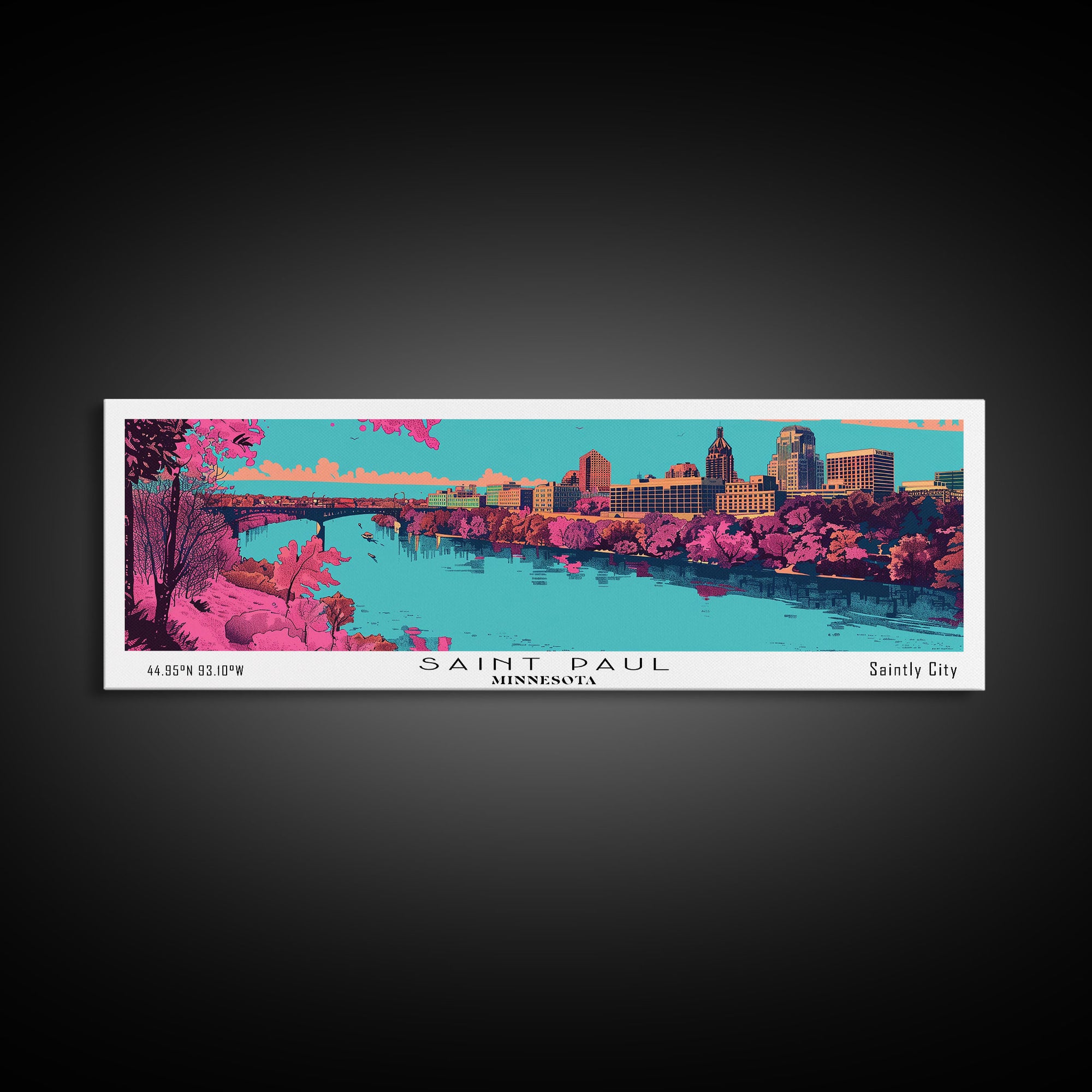 Saint Paul Minnesota Panoramic Painting, Mid Century Modern Framed Canvas Print, Retro Pop Art Travel Poster, City Art, Office Wall Decor, Living Room Art