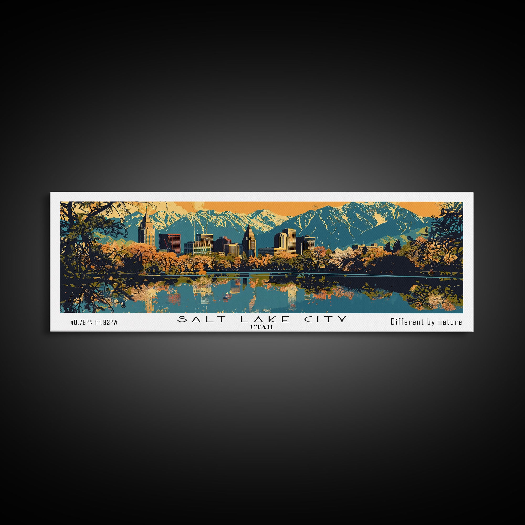 Salt Lake City Utah Panoramic Wall Art, Mid Century Modern Framed Canvas Print, Retro Pop Art Travel Poster, City Art, Office Wall Decor, Living Room Art