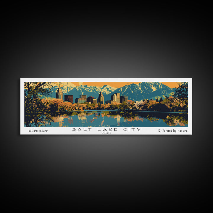 Salt Lake City Utah Panoramic Wall Art, Mid Century Modern Framed Canvas Print, Retro Pop Art Travel Poster, City Art, Office Wall Decor, Living Room Art