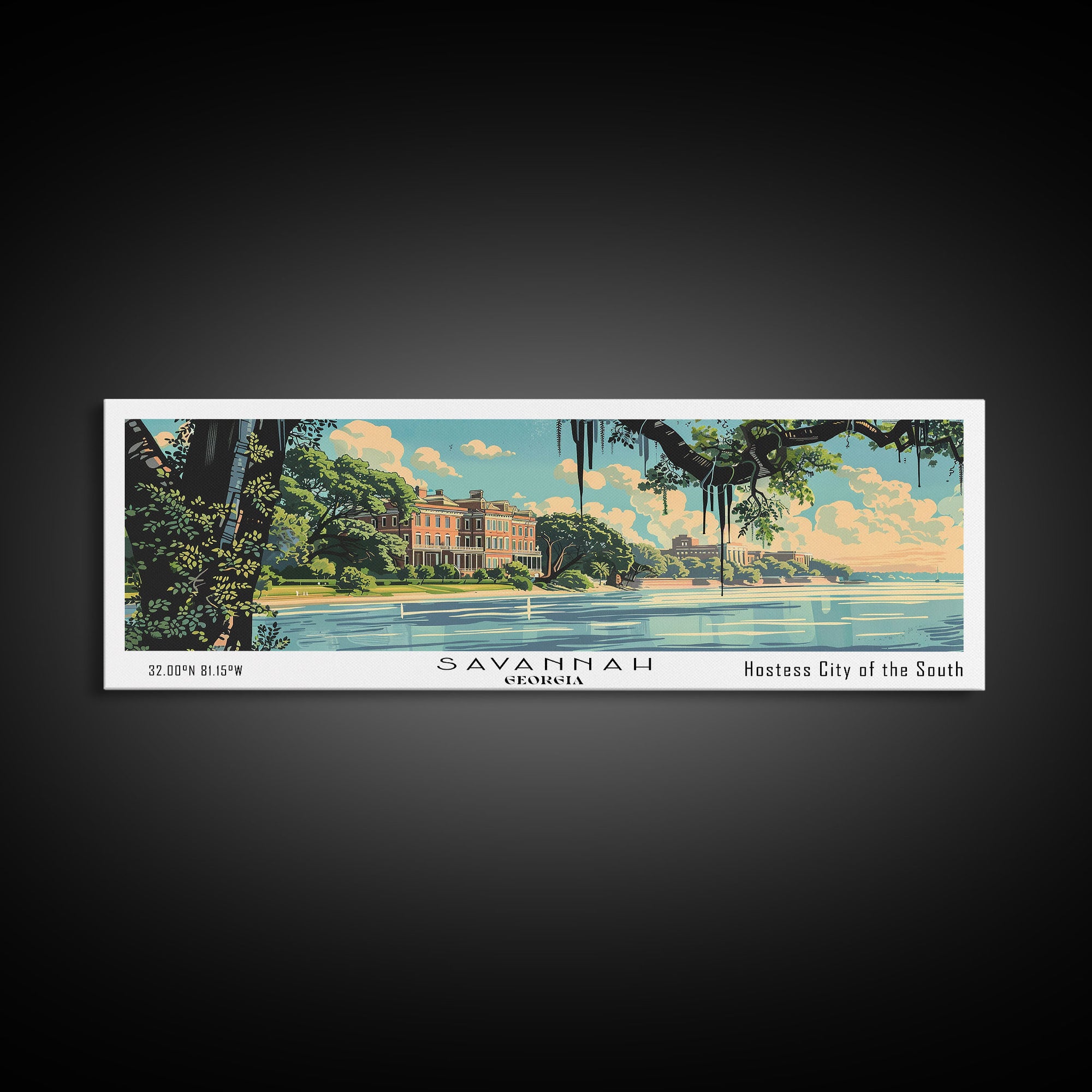 Savannah Georgia Panoramic Wall Art, Mid Century Modern Framed Canvas Print, Retro Pop Art Travel Poster, Living Room and Office Decor