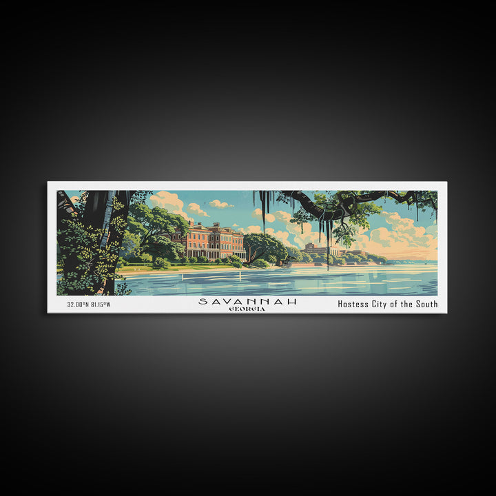Savannah Georgia Panoramic Wall Art, Mid Century Modern Framed Canvas Print, Retro Pop Art Travel Poster, Living Room and Office Decor