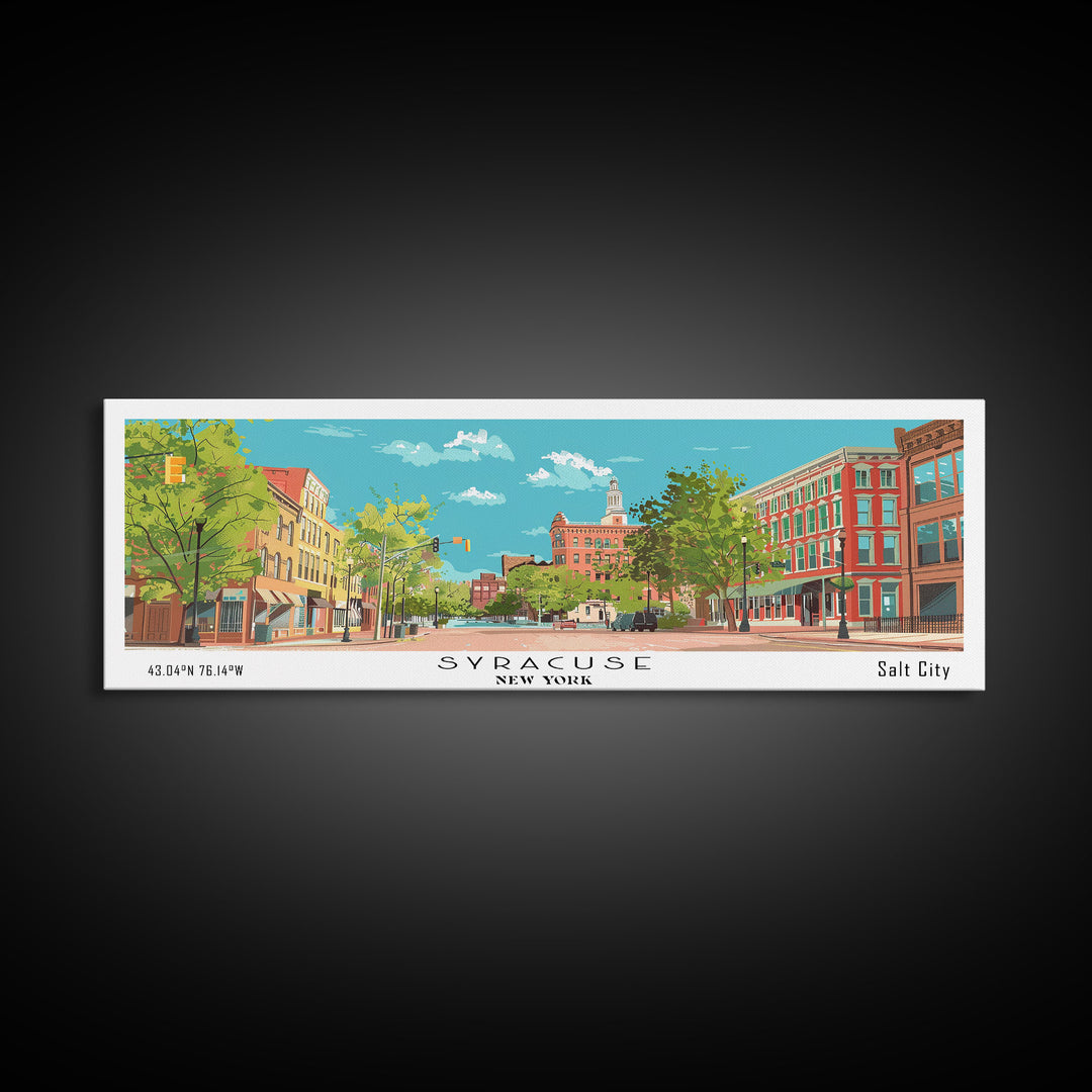 Syracuse New York Panoramic Painting, Mid Century Modern Framed Canvas Print, Retro Pop Art Travel Poster, Home and Office Wall Art Decor
