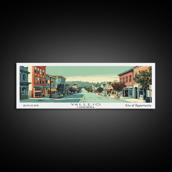 Vallejo California Panoramic Art, Mid Century Modern Framed Canvas Print, Retro Pop Art Travel Poster, City Print, Living Room Wall Decor