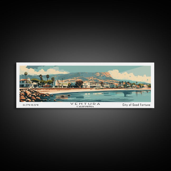 Ventura California Panoramic Wall Art, Mid Century Modern Framed Canvas Print, Retro Pop Art Travel Poster, City Art, Home Decoration