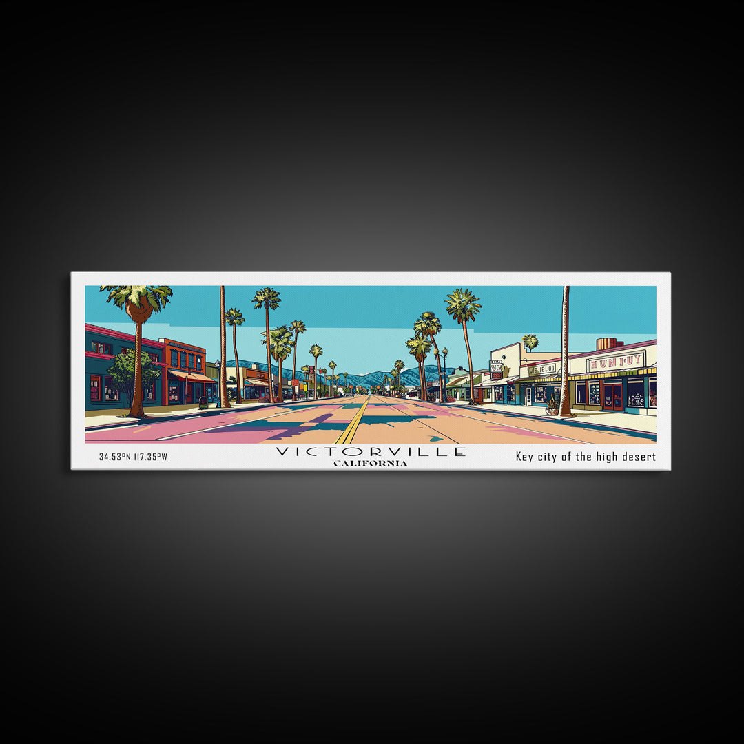 Victorville California Panoramic Art, Mid Century Modern Framed Canvas Print, Retro Pop Art Travel Poster, City Print, Living Room Decor