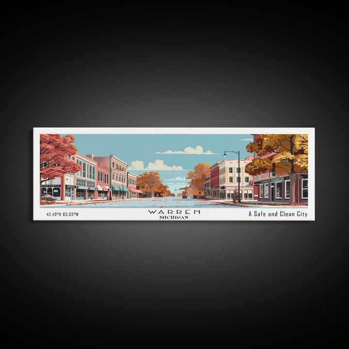 Warren Michigan Panoramic Painting, Mid Century Modern Framed Canvas Print, Retro Pop Art Travel Poster, Office Wall Art, Home Decoration