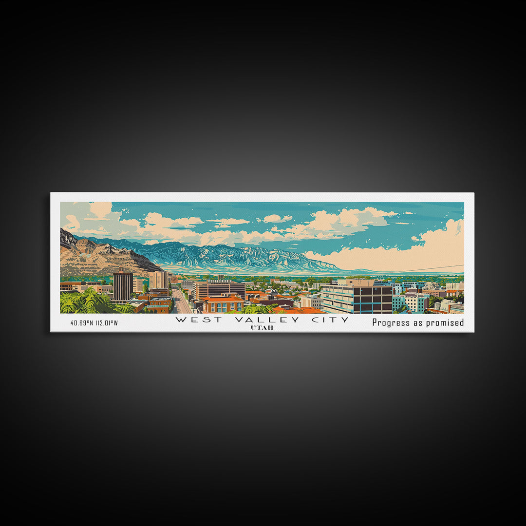 West Valley City Utah Panoramic Painting, Mid Century Modern Framed Canvas Print, Retro Pop Art Travel Poster, Office Wall Art, Home Decoration