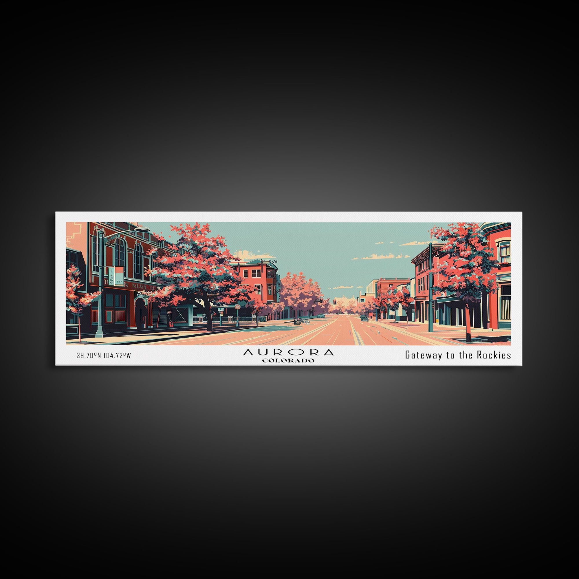 Aurora Colorado Panoramic Painting, Framed Canvas Print, Mid Century Modern Wall Art, Retro Pop Art Travel Poster, Office Decor, City Art