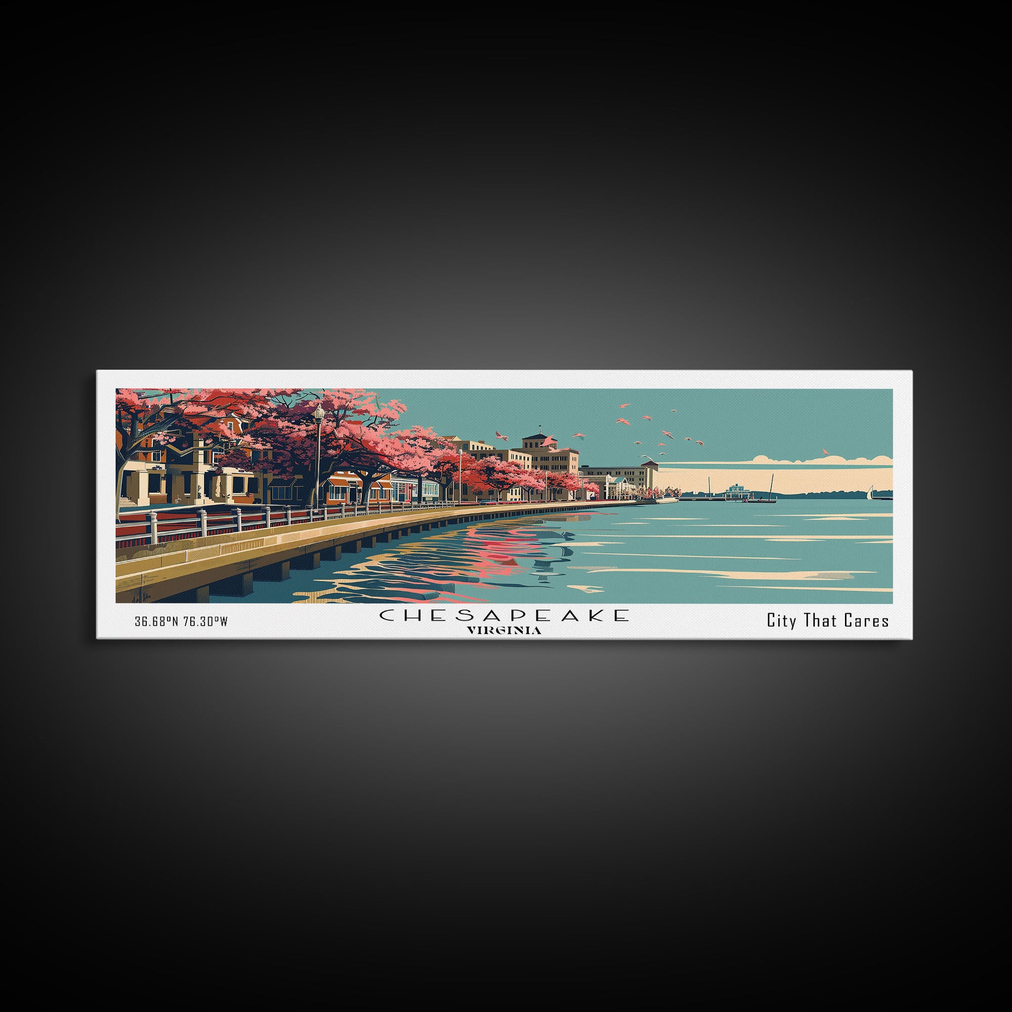 Chesapeake Virginia Panoramic Painting, Framed Canvas Print, Mid Century Modern Wall Art, Retro Pop Art Travel Poster, Living Room Decor, City Art
