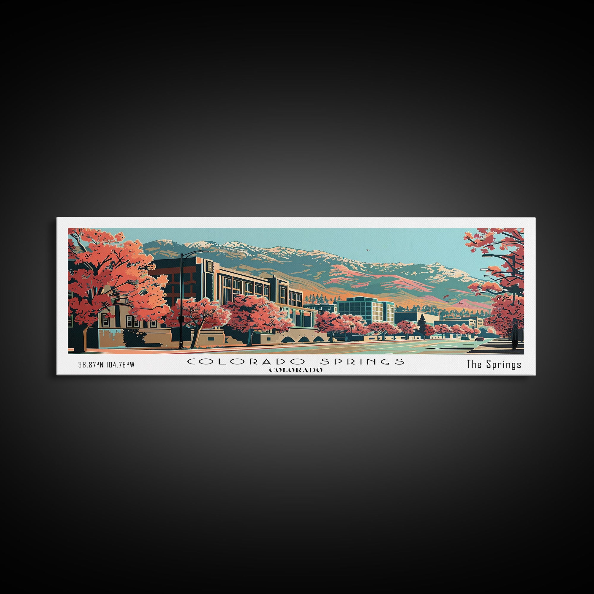 Colorado Springs Colorado Panoramic Painting, Framed Canvas Print, Mid Century Modern Wall Art, Retro Pop Art Travel Poster, Office Decor, City Art