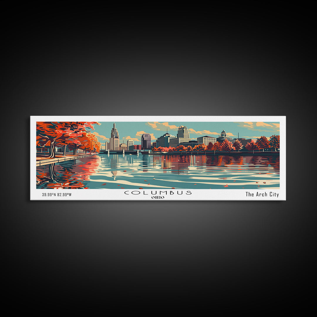 Columbus Ohio Panoramic Painting, Framed Canvas Print, Mid Century Modern Wall Art, Retro Pop Art Travel Poster, Living Room Decor, City Art