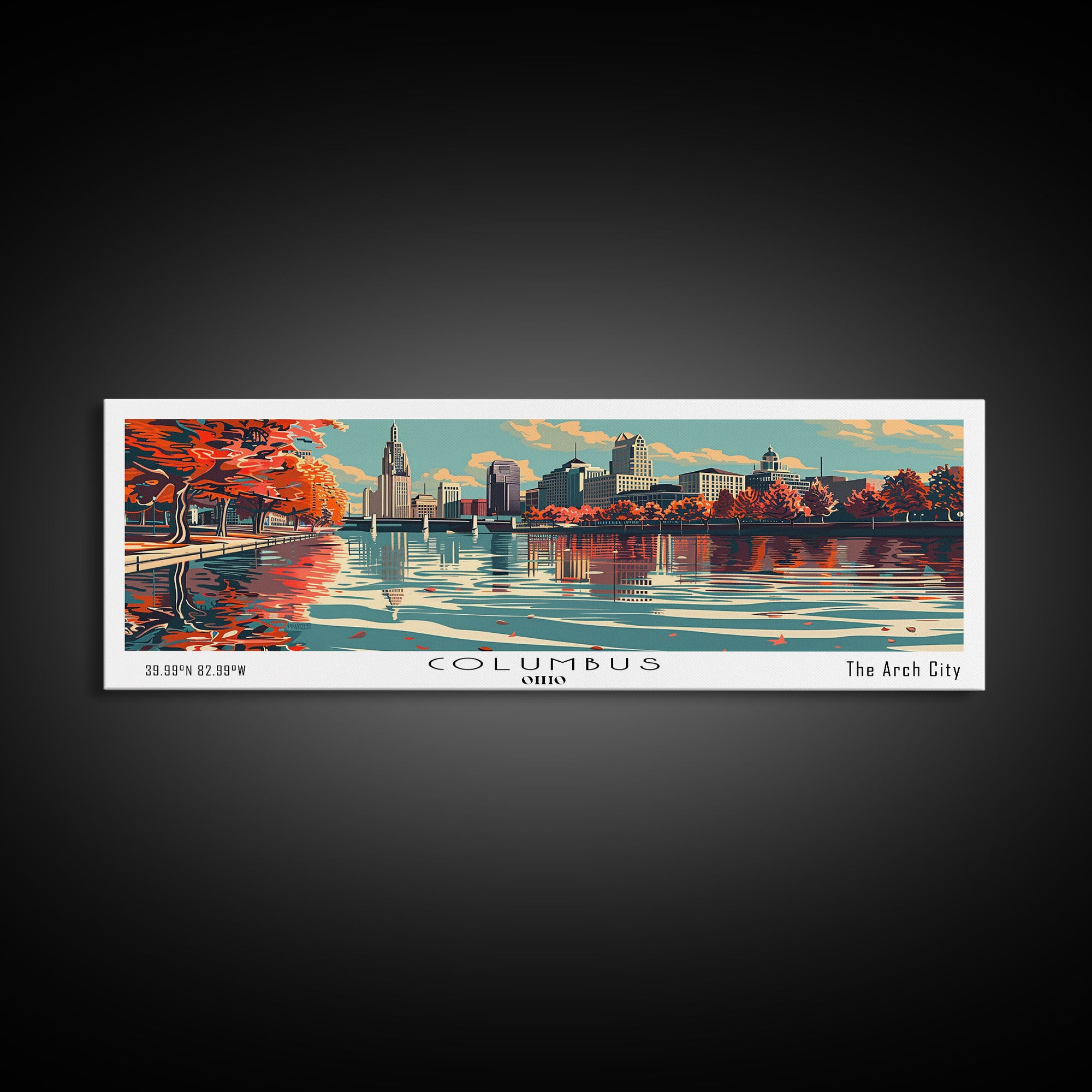 Columbus Ohio Panoramic Painting, Framed Canvas Print, Mid Century Modern Wall Art, Retro Pop Art Travel Poster, Living Room Decor, City Art
