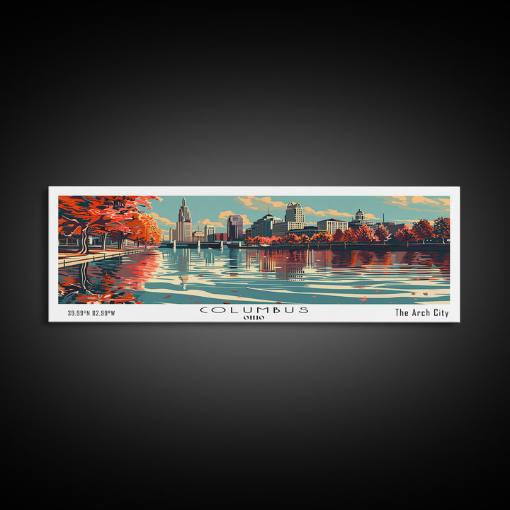 Columbus Ohio Panoramic Painting, Framed Canvas Print, Mid Century Modern Wall Art, Retro Pop Art Travel Poster, Living Room Decor, City Art