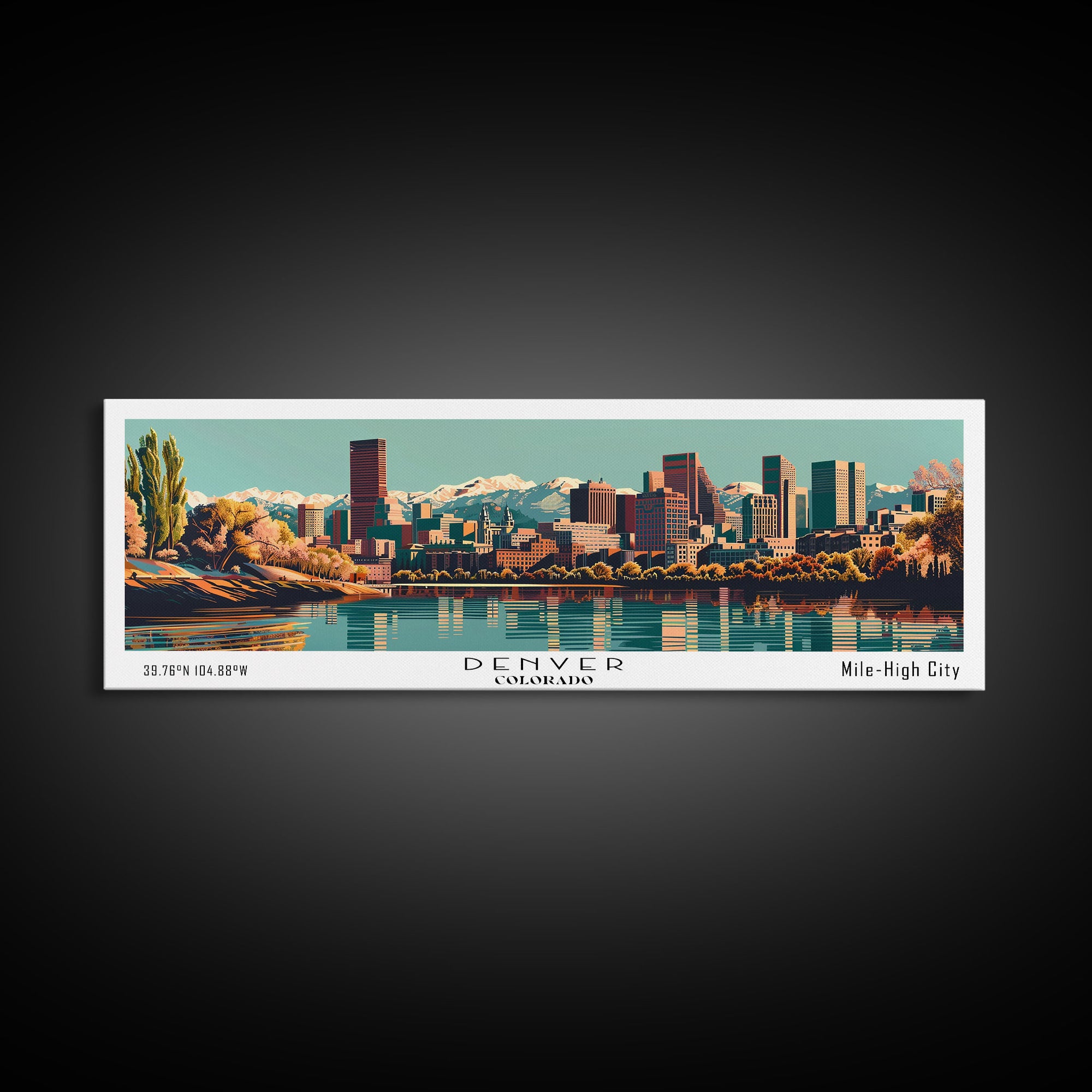 Denver Colorado Panoramic Painting, Framed Canvas Print, Mid Century Modern Wall Art, Retro Pop Art Travel Poster, Living Room Decor, City Art