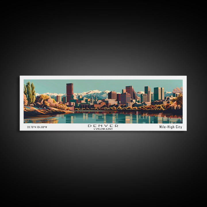 Denver Colorado Panoramic Painting, Framed Canvas Print, Mid Century Modern Wall Art, Retro Pop Art Travel Poster, Living Room Decor, City Art