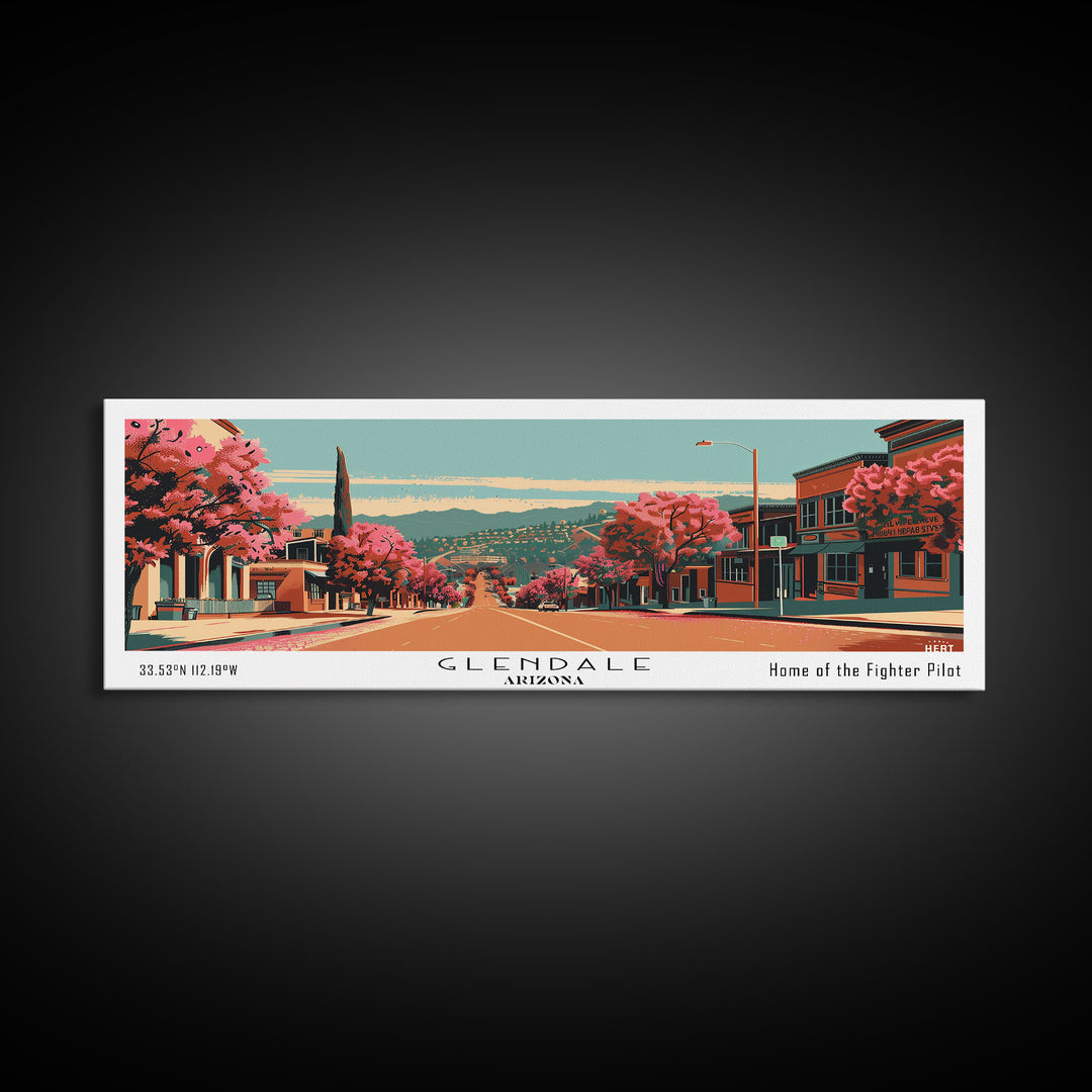 Glendale Arizona Panoramic Wall Art, Framed Canvas Print, Mid Century Modern Style, Retro Pop Art Travel Poster, Living Room Art, Home Decor, Cityscape