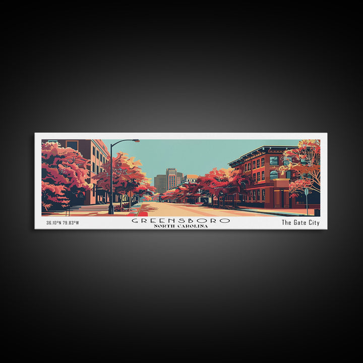 Greensboro North Carolina Panoramic Wall Art, Mid Century Modern Framed Canvas Print, Retro Pop Art Travel Poster, City Art, Living Room Decor, Home Office Decor
