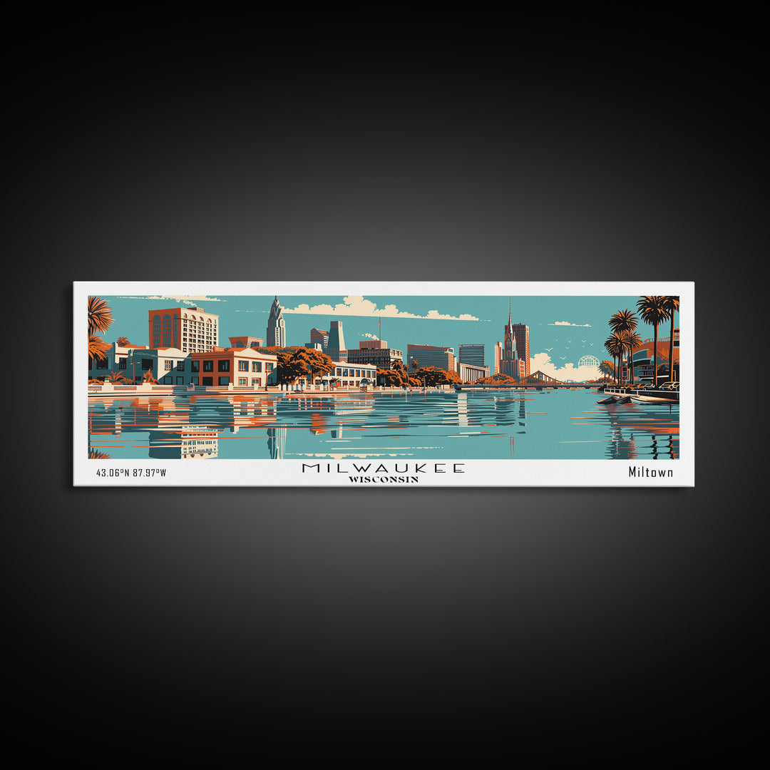 Milwaukee Wisconsin Panoramic Wall Art, Mid Century Modern Framed Canvas Print, Retro Pop Art Travel Poster, Office Decor, Living Room Art