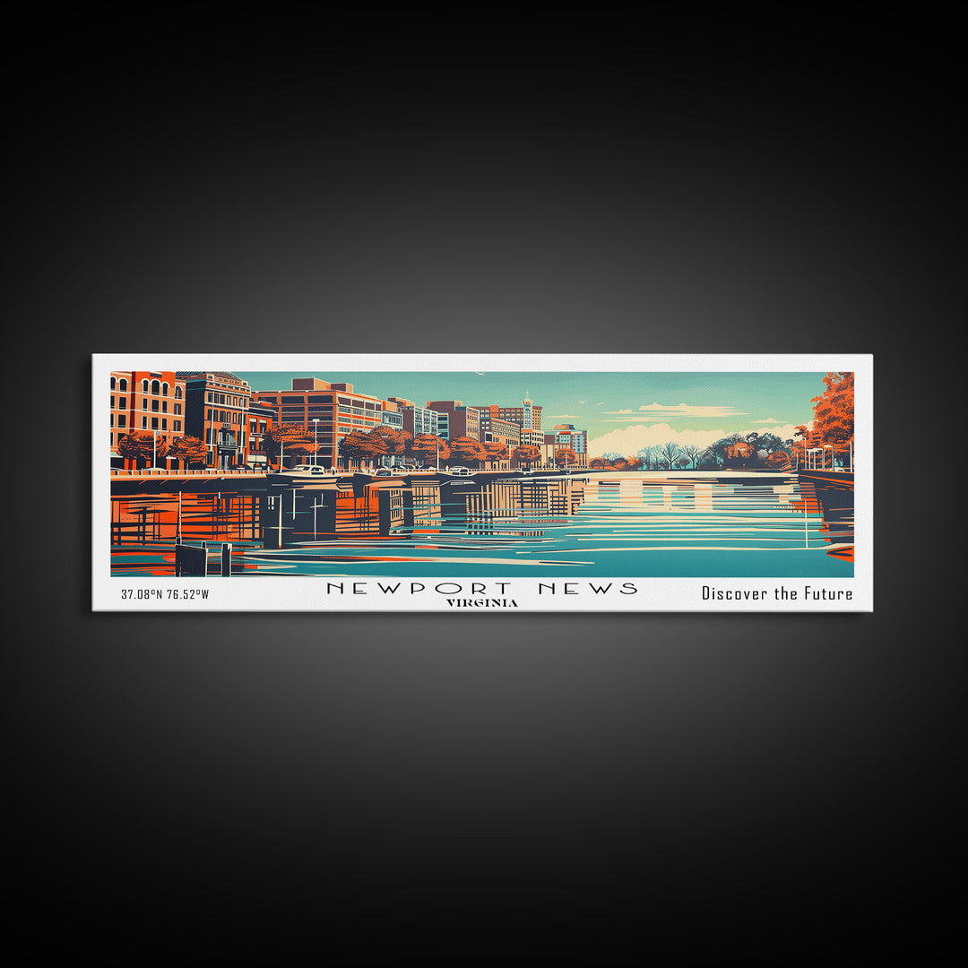 Newport News Virginia Panoramic Wall Art, Mid Century Modern Framed Canvas Print, Retro Pop Art Travel Poster, Office Decor, Cityscape Art
