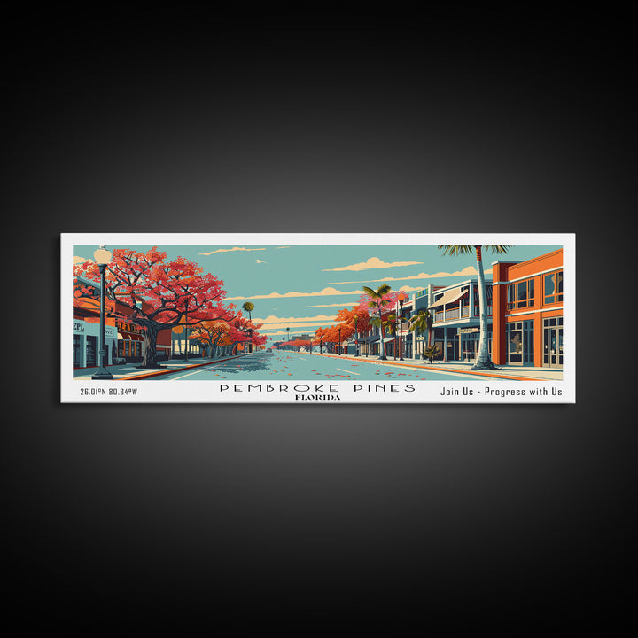 Pembroke Pines Florida Panoramic Wall Art, Mid Century Modern Framed Canvas Print, Retro Pop Art Travel Poster, Office Decor, Living Room Art