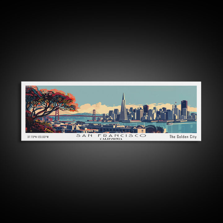 San Francisco California Panoramic Wall Art, Mid Century Modern Framed Canvas Print, Retro Pop Art Cityscape, Travel Poster, Living Room Decor