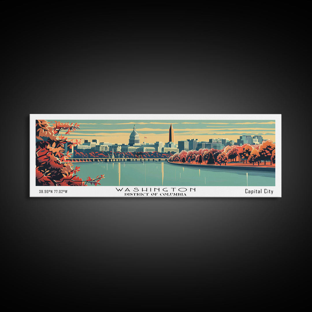 Washington DC Panoramic Wall Art, Mid Century Modern Framed Canvas Print, Retro Pop Art Travel Poster, Cityscape Decor, Office Wall Art