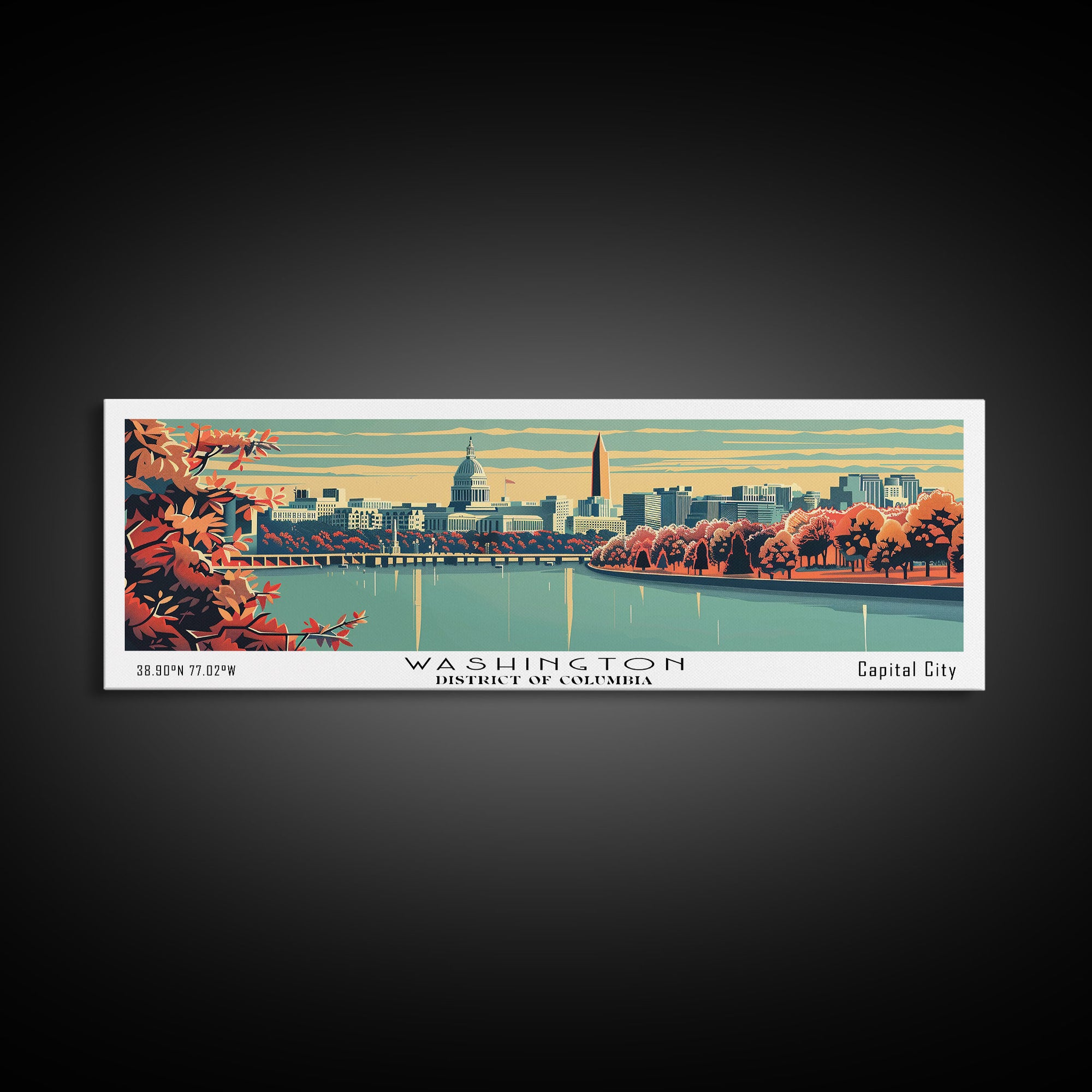 Washington DC Panoramic Wall Art, Mid Century Modern Framed Canvas Print, Retro Pop Art Travel Poster, Cityscape Decor, Office Wall Art
