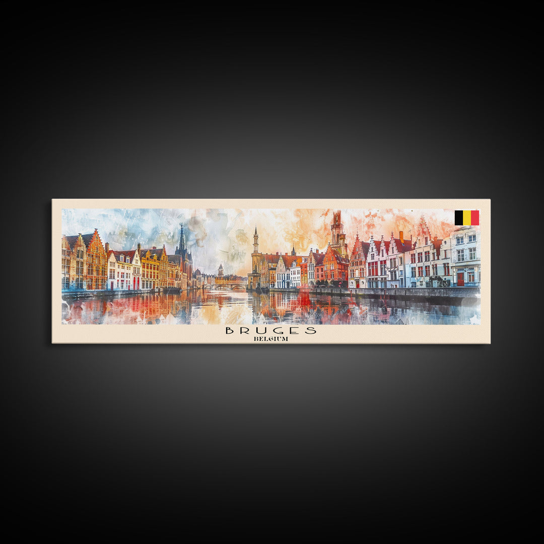 Bruges Belgium Travel Art, City Art, Framed Canvas Print or Metal Wall Art, Europe Travel Poster, Panoramic Wall Art, Extra Wide Wall Art