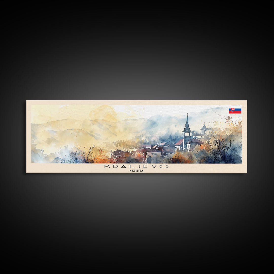 Kraljevo Serbia Panoramic Travel Poster, Framed Canvas Print or Metal Wall Art, Travel Art, Home Decor, Panoramic Painting, Midcentury Art