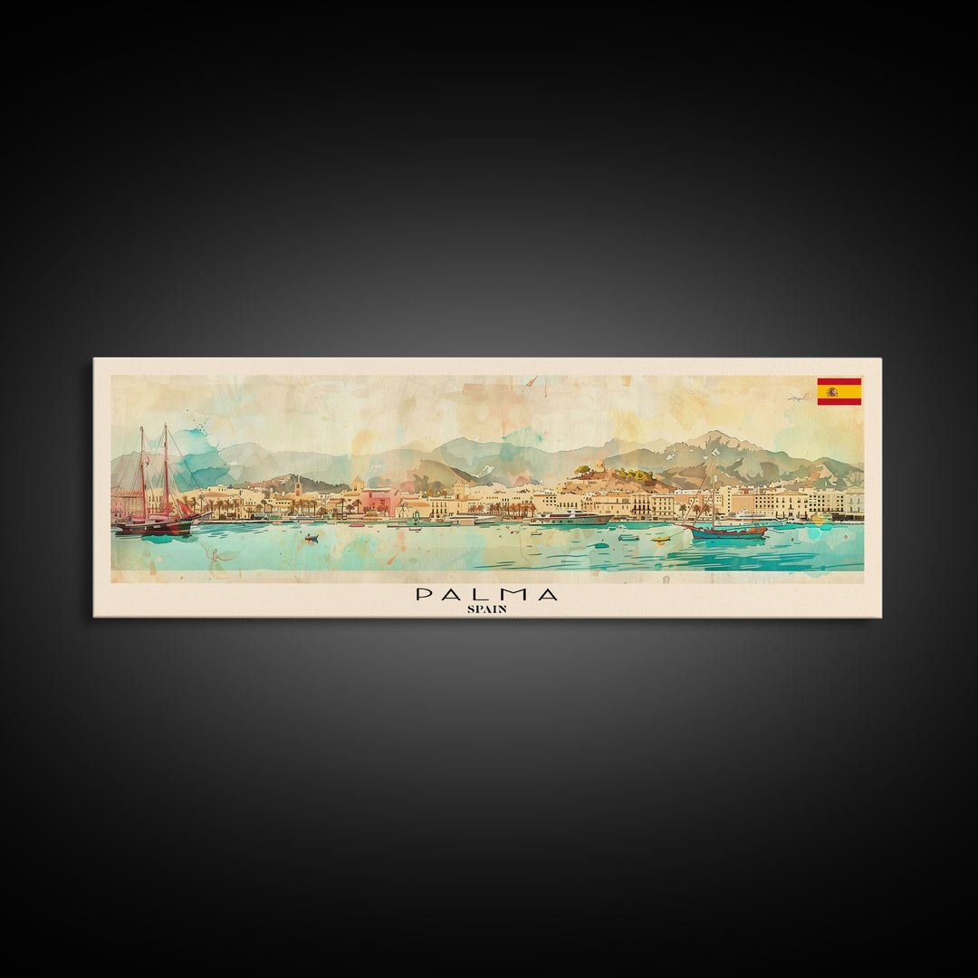 Palma Spain Travel Art, City Art, Framed Canvas Print or Metal Wall Art, Europe Travel Poster, Panoramic Wall Art, Extra Wide Wall Art