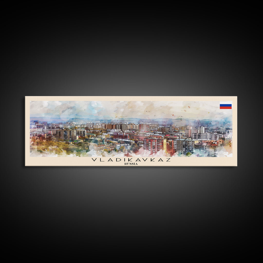 Vladikavkaz Russia Panoramic Travel Poster, Framed Canvas Print or Metal Wall Art, Travel Art, Home Decor, Panoramic Painting, Midcentury Art