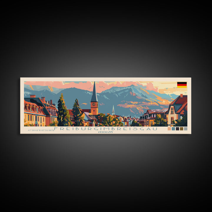 Freiburg Germany Panoramic Travel Poster, Framed Canvas Print or Metal Wall Art, Travel Art, Home Decor, Panoramic Painting, Midcentury Art