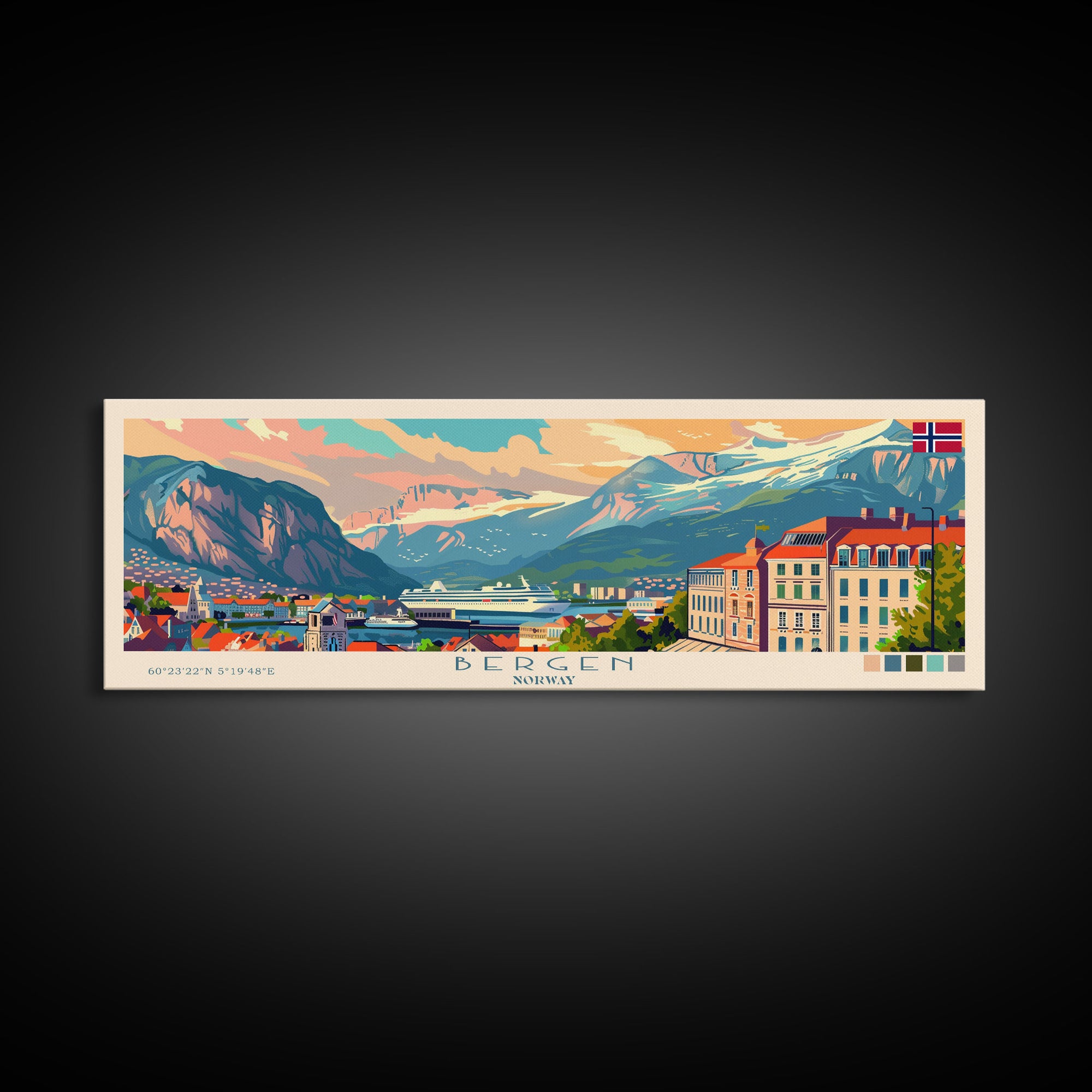 Bergen Norway Wall Art, Panoramic Travel Poster, Panoramic Framed Canvas Print, City Wall Art, Wall Hanging Home Decor, Travel Art